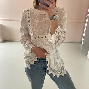 Cirana Floral Embroidery Lace Bohemian Blouse White X-Small